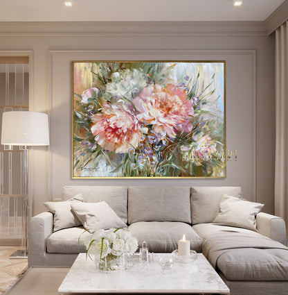 Pink Peonies Painting, Large Oil Paintings of Flowers, Abstract Peony Flowers Oil Painting on Canvas