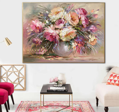 Large Peonies Abstract Oil Painting Original Pink Peony Wall Art Bouquet of Flowers in Vase Painting on Canvas
