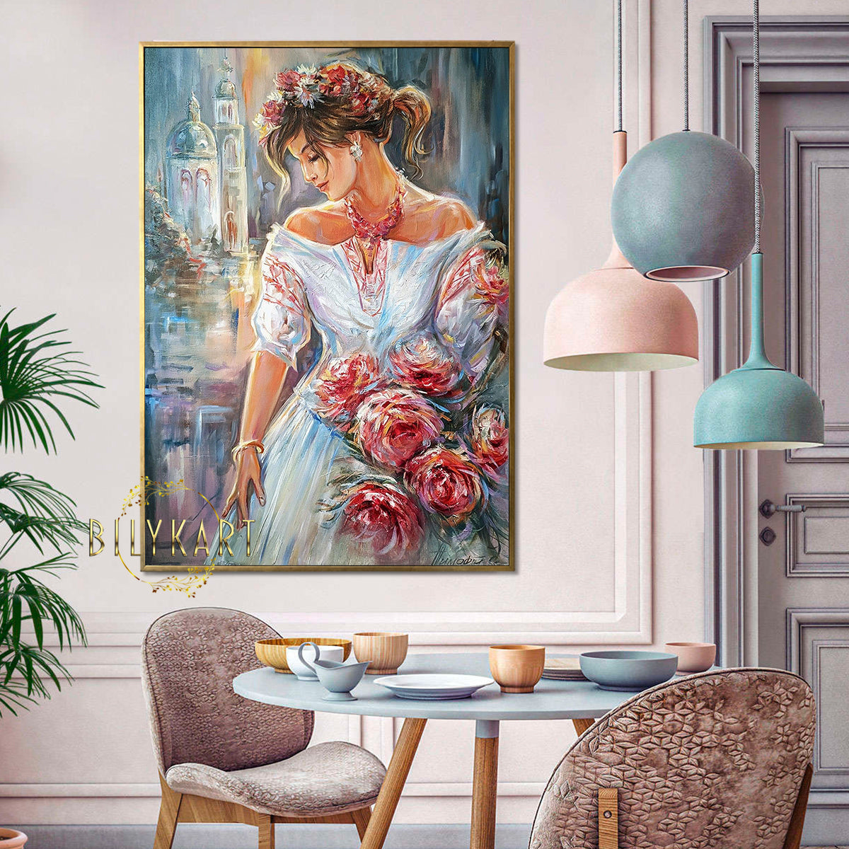 Woman with Roses Oil Painting Original Wedding Day Pretty Woman Wall Art Handmade Artwork Pretty Beautiful Girl Art Original Girl with Flowers Painting