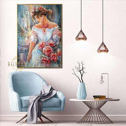 Woman with Roses Oil Painting Original Wedding Day Pretty Woman Wall Art Handmade Artwork Pretty Beautiful Girl Art Original Girl with Flowers Painting