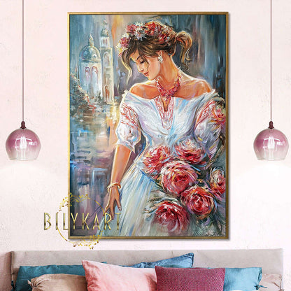 Woman with Roses Oil Painting Original Wedding Day Pretty Woman Wall Art Handmade Artwork Pretty Beautiful Girl Art Original Girl with Flowers Painting