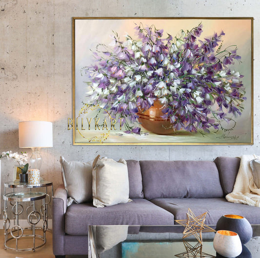 Purple Flowers Oil Painting Original, Wildflower Wall Art, Large Bluebells Flower Bouquet Painting for Bedroom