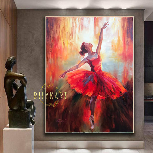 Red Ballerina Painting on Canvas, Large Ballet Wall Art for Living Room, Dancing Ballerina Oil Painting, Dance Studio Decor