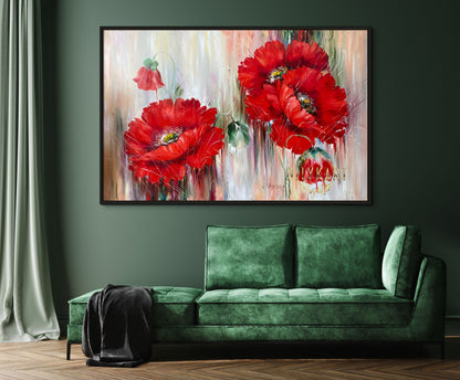 abstract red poppies oil painting on canvas