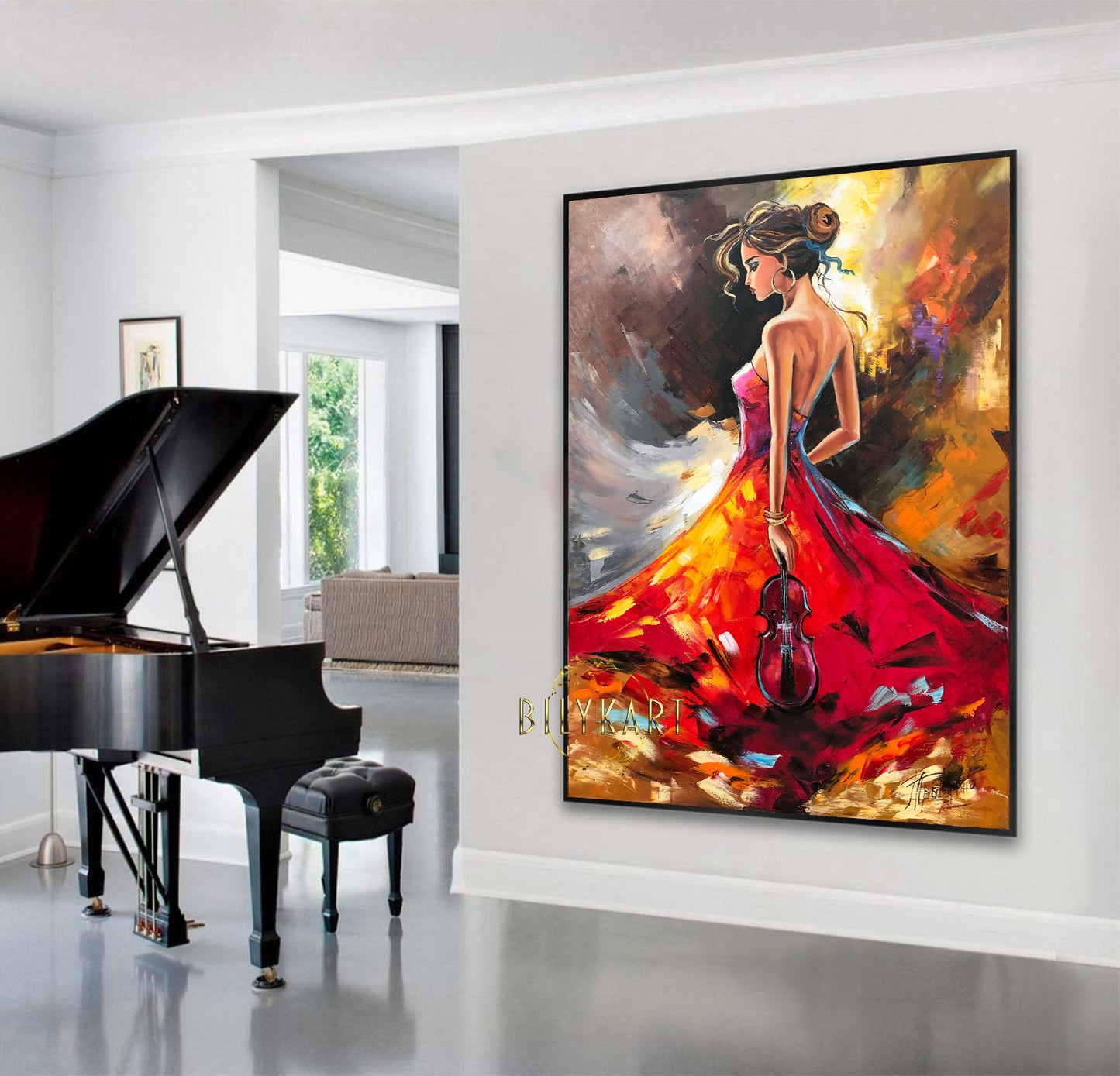 Violinist painting, Music player wall art, Original girl with violin oil painting, Musician gift for him, Woman Back Painting