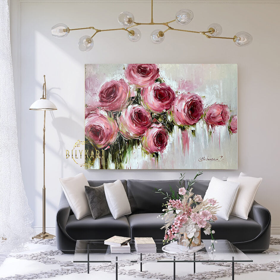 Large Abstract Roses Oil Painting Pink Flowers Canvas Wall Art Luxury Rose Dinning Room Decor Abstract Floral Extra Large Painting 60x40