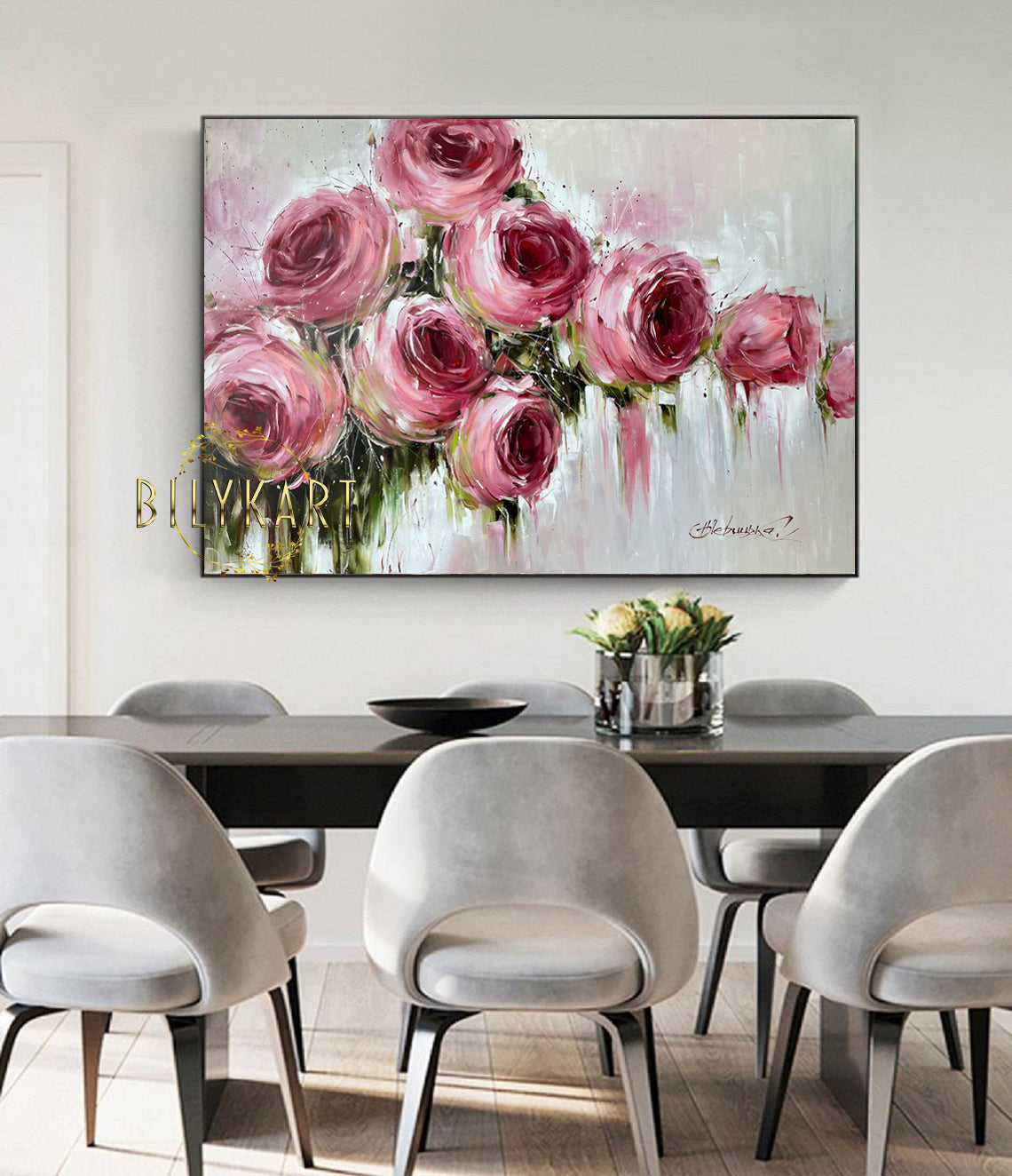 Large Abstract Roses Oil Painting Pink Flowers Canvas Wall Art Luxury Rose Dinning Room Decor Abstract Floral Extra Large Painting 60x40