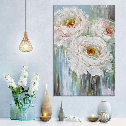 Large Flower Painting Abstract White Flowers Wall Art Contemporary Floral Oil Artwork Modern Rose Flower Painting Roses Vertical Wall Decor