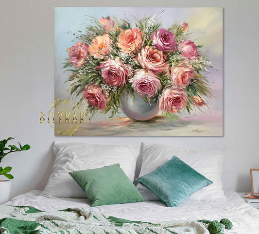 Pink Roses in a Vase Oil painting Original Large Floral Wall Decor Still Life Flowers in Vase Painting on Canvas Flower Artwork