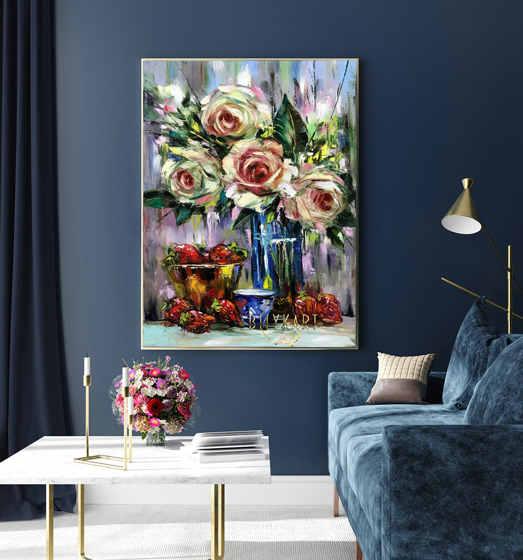 Abstract Flowers in Vase Paintings on Canvas Large Roses Bouquet Oil Painting Original Abstract Still Life with Flowers in a Glass Vase Artwork
