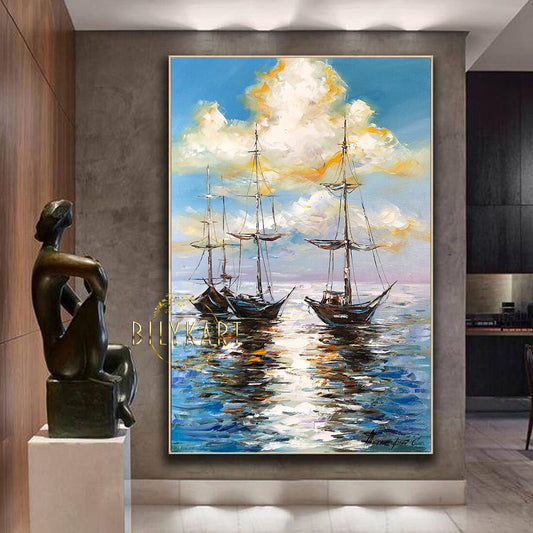 Large Sailboat Oil Painting Original Sea Sunset Oil Painting Sailing Art Sail Boat Wall Decor Peaceful Wall Art Seaside Decor Boats at Sea Sunset Painting