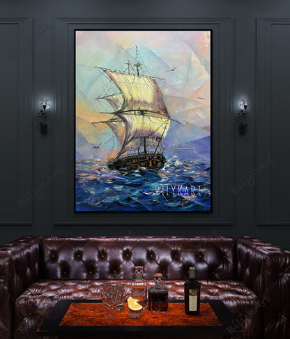 Tall Sailing Ship At Sea Oil Painting Original Nautical Wall Decor for Living Room Clipper Ship Oil Painting