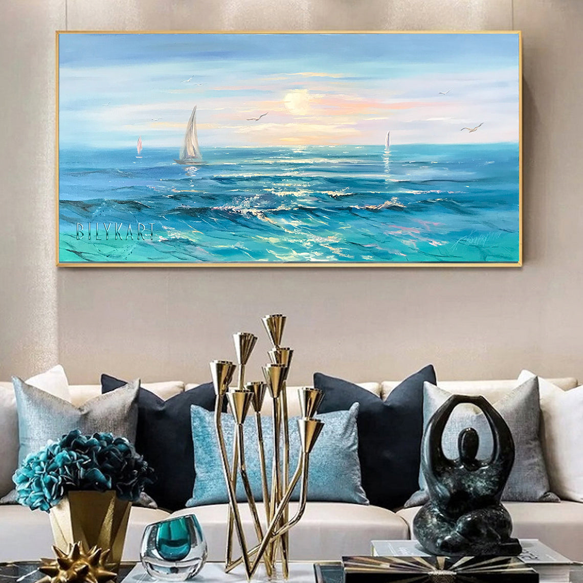 Large Seascape Paintings Abstract Blue Sea Waves Wall Art Beautiful Sea Sunset Oil Painting Big Blue Ocean Painting Boat Artwork