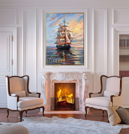 Ship Sunset Painting on Canvas, Smooth Sailing Wall Art, Buy Sailing Ship at Sea Oil Painting Original