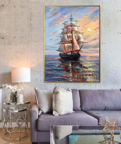 Ship Sunset Painting on Canvas, Smooth Sailing Wall Art, Buy Sailing Ship at Sea Oil Painting Original