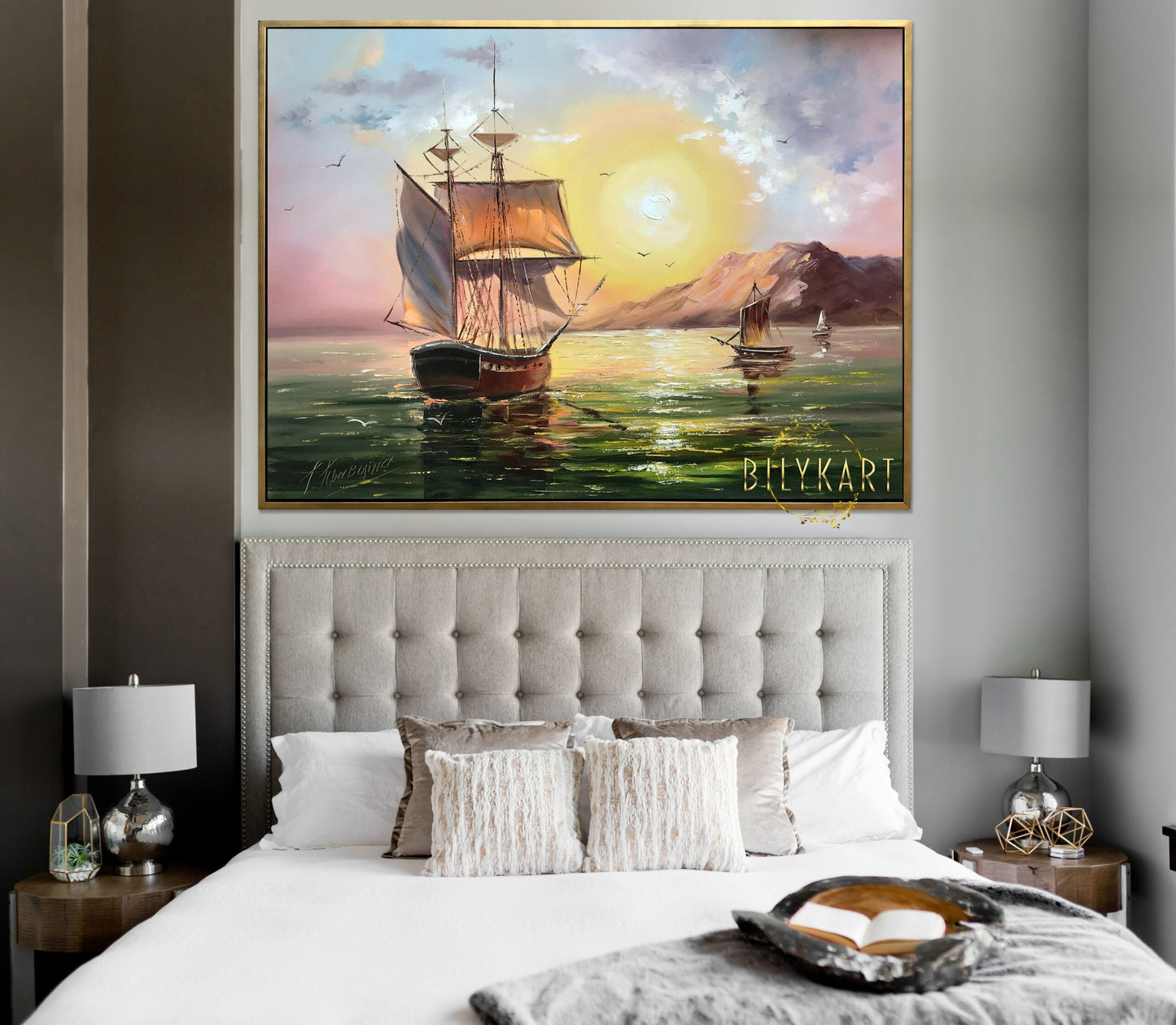 Ship Sailing Into Sunset Oil Painting Original Seascape Canvas Wall Art Large Old Ship Painting 40x60"