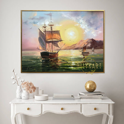 Ship Sailing Into Sunset Oil Painting Original Seascape Canvas Wall Art Large Old Ship Painting 40x60"