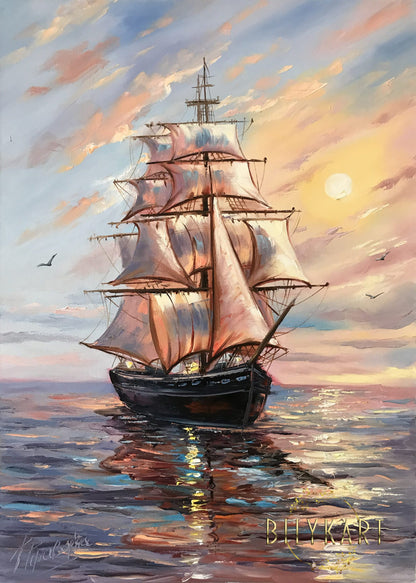 Ship at Sunset Original Oil Painting by BilykArt