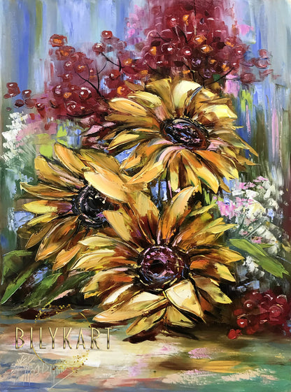 Abstract Sunflower Oil Painting Original Abstract Large Flower Painting on Canvas Ukrainian Folk Art Flowers Sunflowers and Viburnum Oil Painting