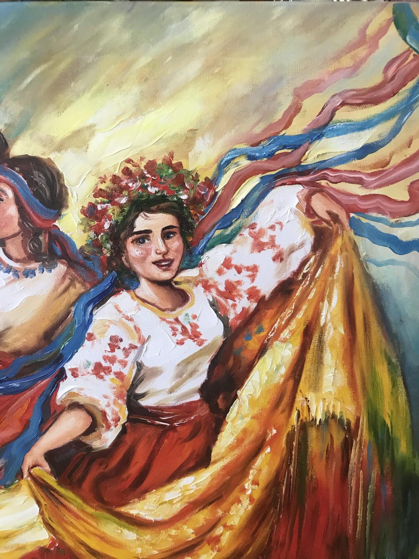 Ukrainian Dancers Painting on Canvas Ukraine Folk Art Dancing Girl Oil Painting Original Colorful Ukrainian Framed Art