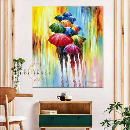 Rainbow Umbrella Painting on Canvas Colourful Rain Oil Painting Original Umbrellas Art Abstract Wall Art Framed