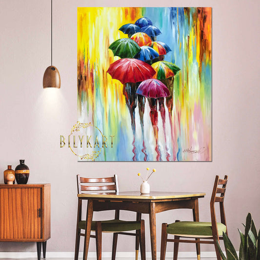 Rainbow Umbrella Painting on Canvas Colourful Rain Oil Painting Original Umbrellas Art Abstract Wall Art Framed