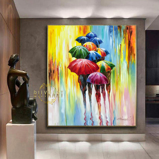 Rainbow Umbrella Painting on Canvas Colourful Rain Oil Painting Original Umbrellas Art Abstract Wall Art Framed