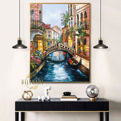 Venice Italy Painting on Canvas Italian Cityscape Oil Painting Original Venice Gondola Artwork Venetian Canal Painting Framed Art