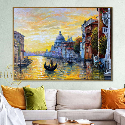 Sunset in Venice Oil Painting Original Italy Wall Art Framed The Grand Canal Venice Painting on Canvas