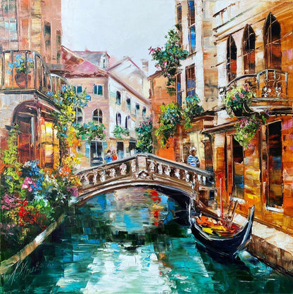 Venice Canal Oil Painting Original Signed Italy Painting Venetian Wall Art 36x36 Venice Italy Artwork Venice Painting on Canvas
