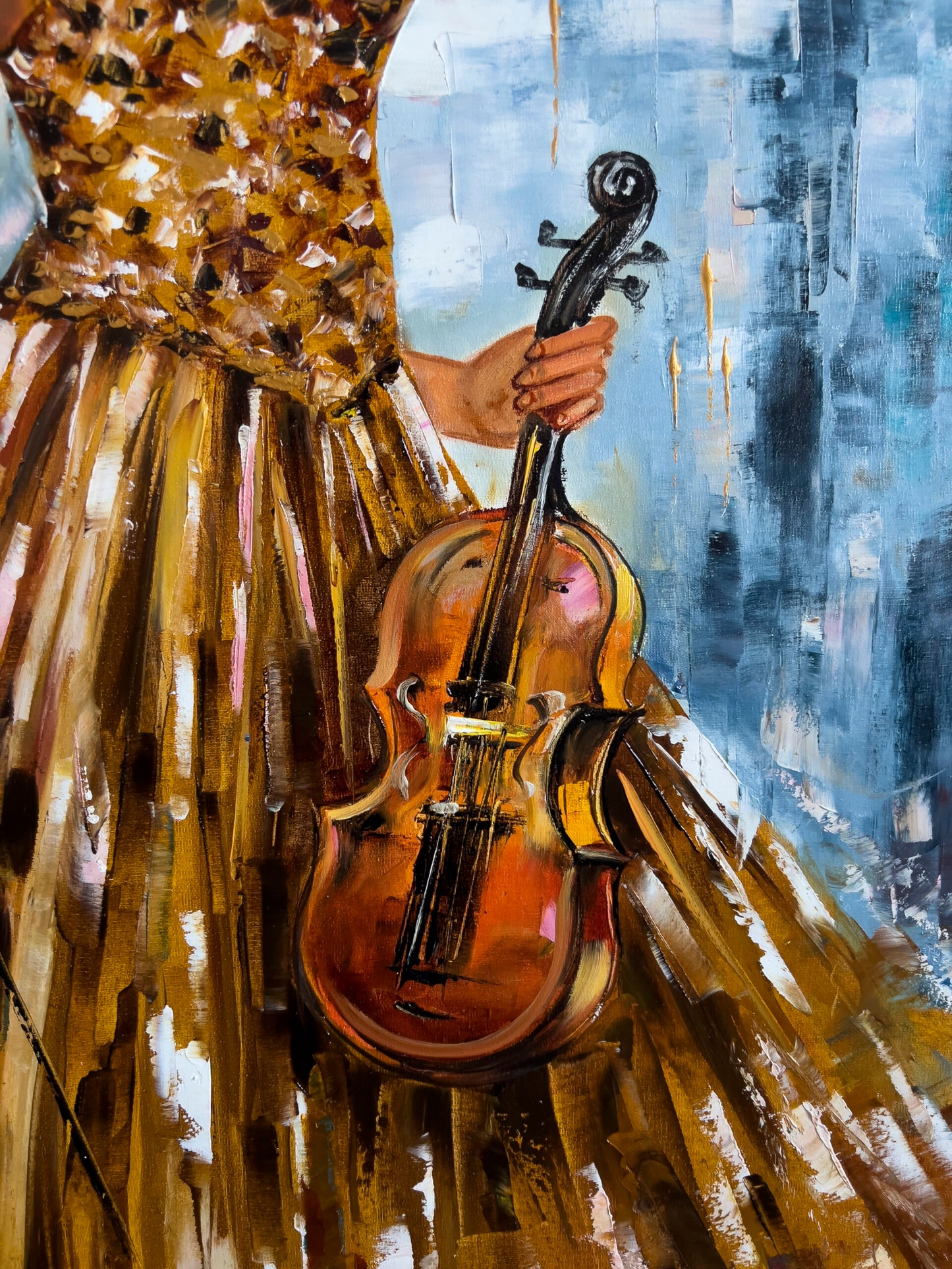 Gorgeous Girl with Violin Oil Painting Original Abstract Woman Wall Art Blue Gold Painting
