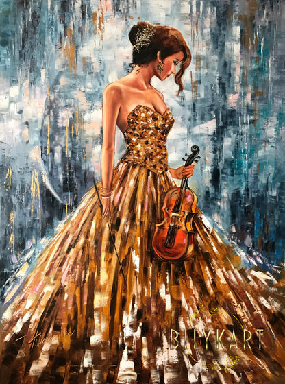 Gorgeous Girl with Violin Oil Painting Original Abstract Woman Wall Art Blue Gold Painting