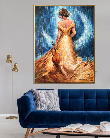 Violin Girl Oil Painting Original Violin Wall Art Painting of Woman From Behind Violin Gifts Modern Blue Gold Violinist Painting 30x40"