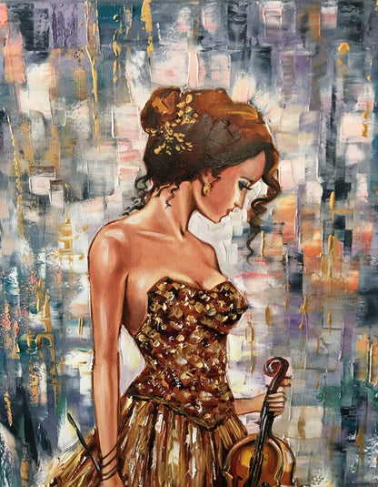Abstract Woman Violinist Painting on Canvas Modern Blue Wall Art Contemporary Girl Oil painting