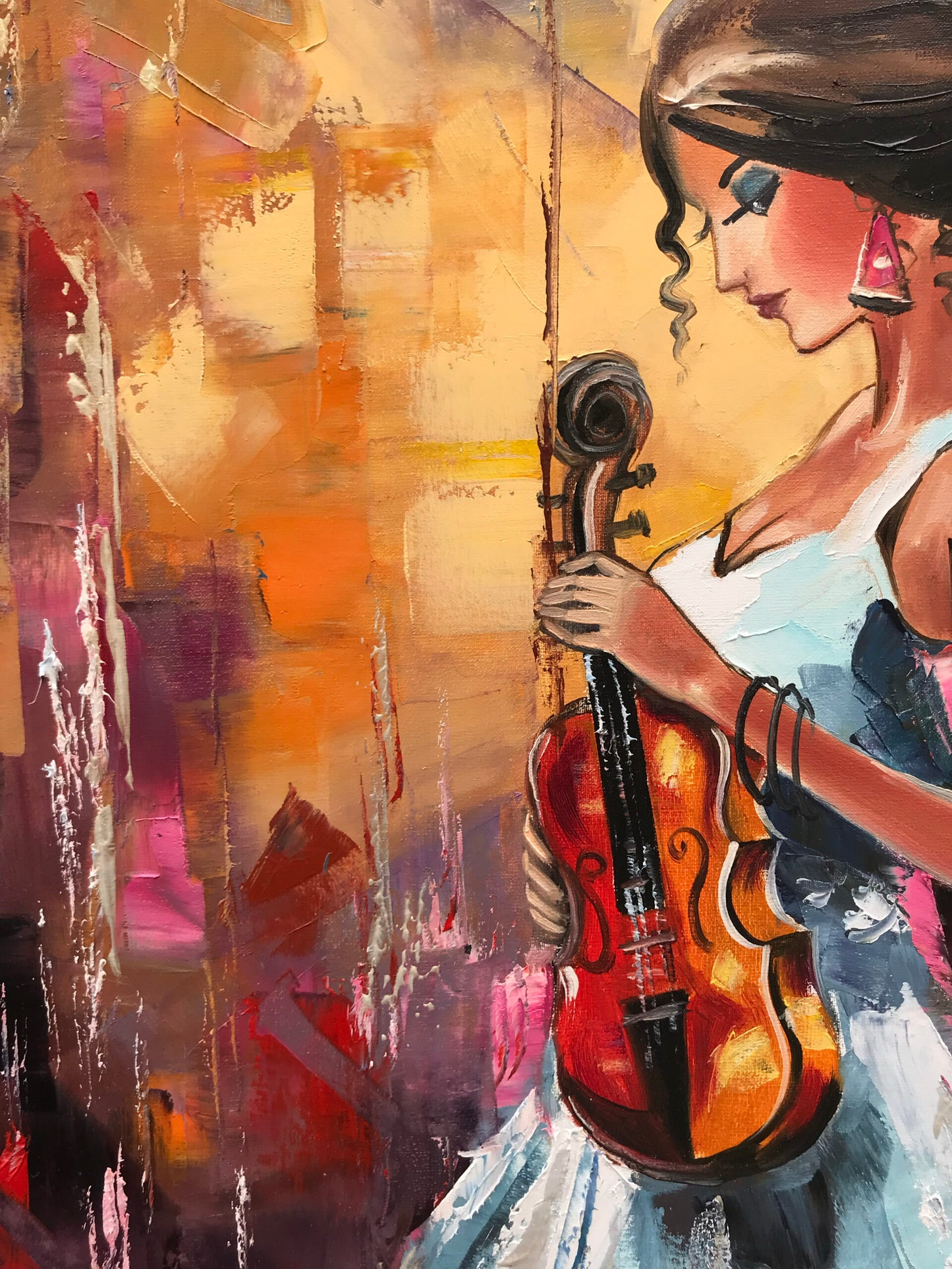 Elegant Lady with Violin Oil Painting Abstract Woman Wall Art Music Art Gift for Her Woman in Blue Dress Painting Oversized Modern Wall Decor Music Art