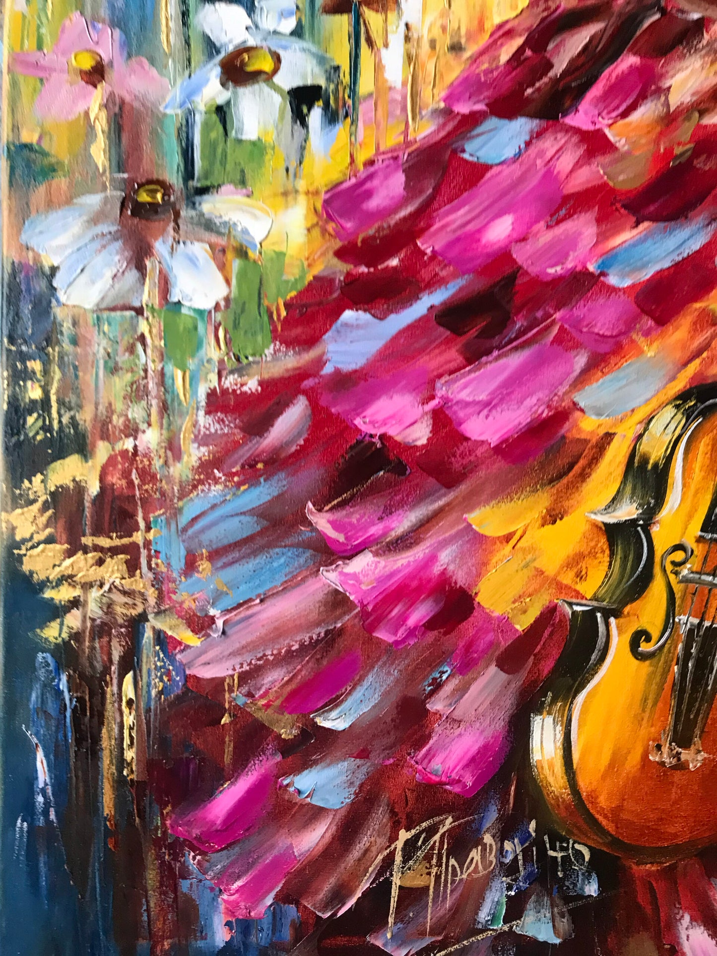 Abstract Woman Violinist Oil Painting Original Modern Music Wall Art Contemporary Girl in Pink Dress Painting on Canvas