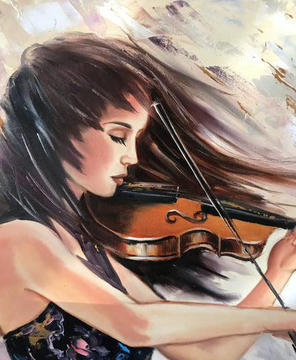 Large Oil Painting Woman Playing Violin Painting on Canvas Violin Wall Art Blue Gray Abstract Musician Painting Original Music Art Gift 