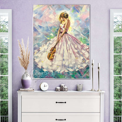 Modern Woman in White Dress Oil Painting Original Abstract Music Framed Art Lady Violin Painting on Canvas