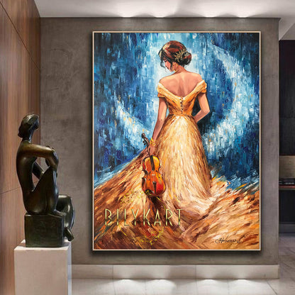 Violin Girl Oil Painting Original Violin Wall Art Painting of Woman From Behind Violin Gifts Modern Blue Gold Violinist Painting 30x40"