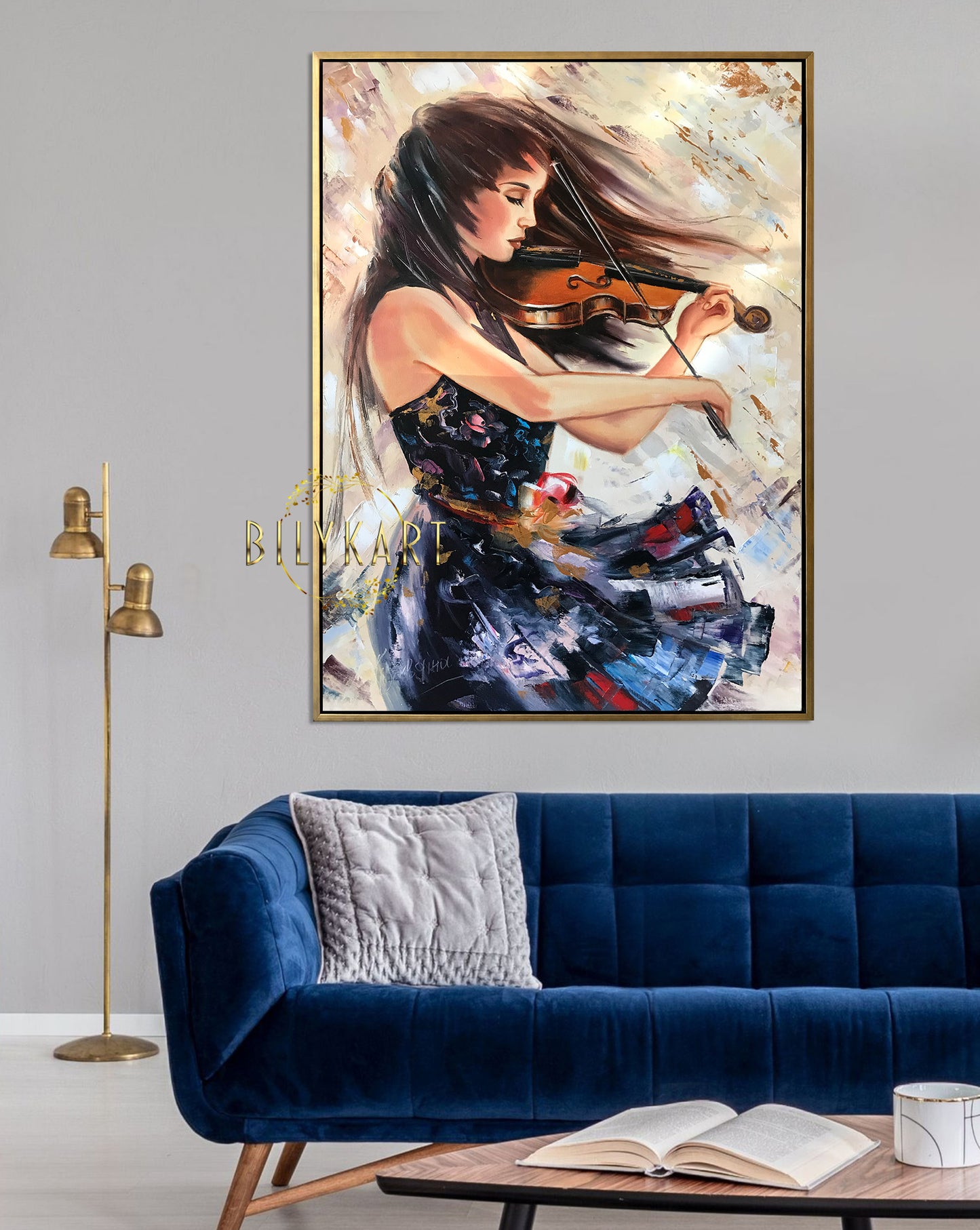 Large Oil Painting Woman Playing Violin Painting on Canvas Violin Wall Art Blue Gray Abstract Musician Painting Original Music Art Gift 