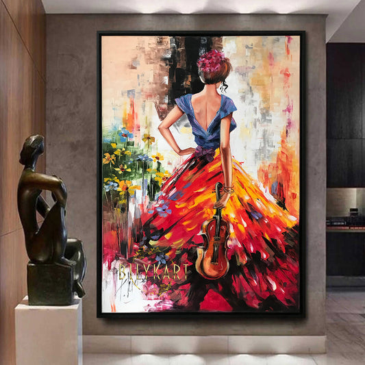 Abstract Beautiful Woman Oil Painting of a Violinist Large Violin Music Canvas Painting Original Lady in the Red Dress Art