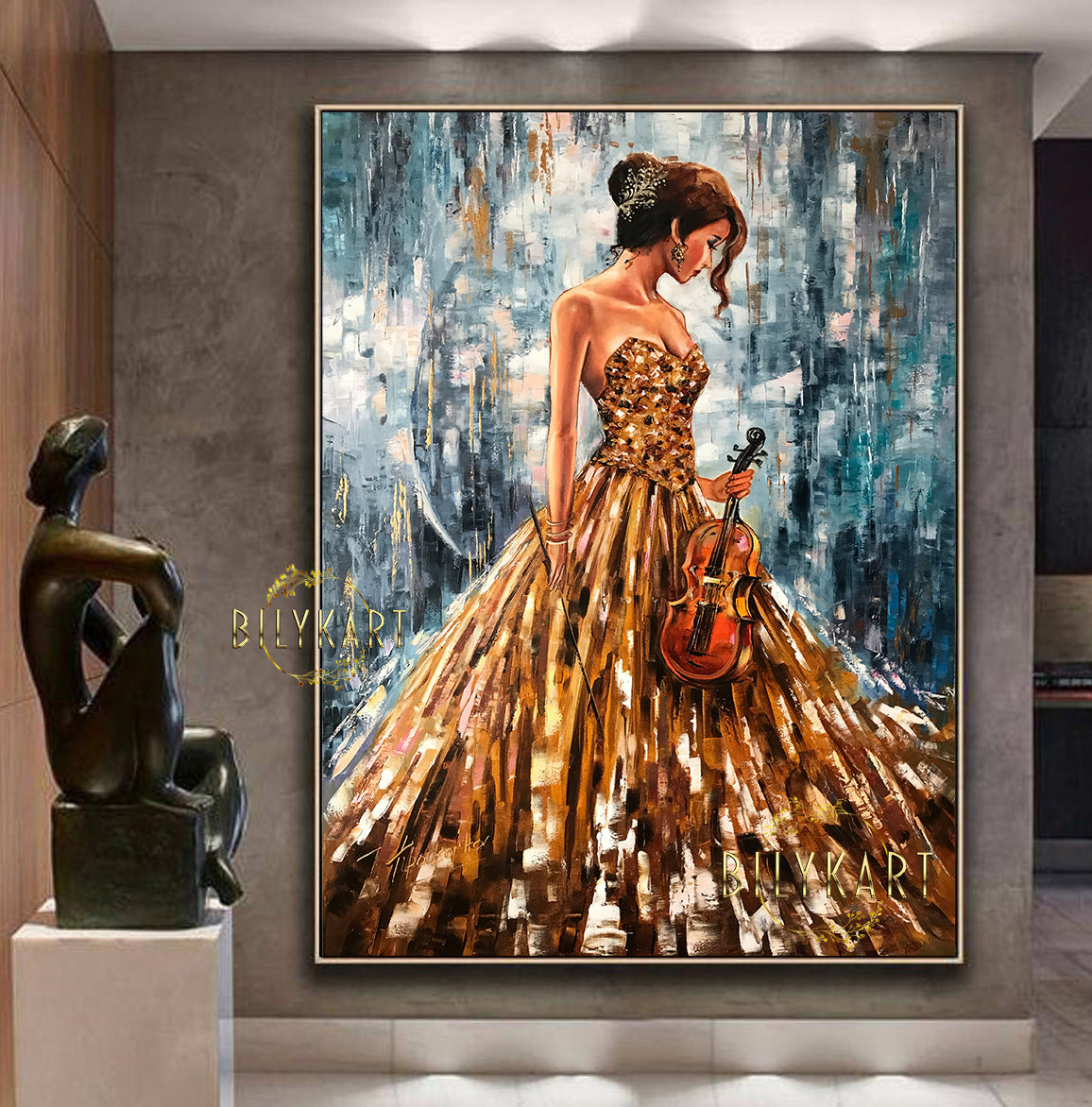 Gorgeous Girl with Violin Oil Painting Original Abstract Woman Wall Art Blue Gold Painting