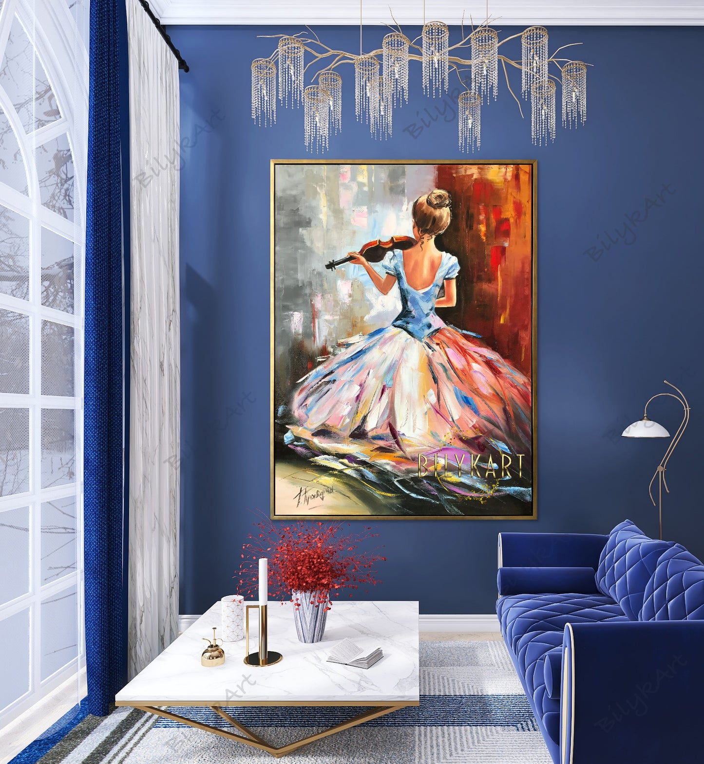 Girl Playing Violin Painting on Canvas Violinist Artwork Abstract Woman Back Oil Painting of Woman From Behind Violin Gift