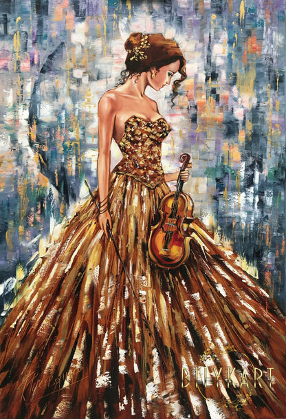 Abstract Woman Violinist Painting on Canvas Modern Blue Wall Art Contemporary Girl Oil painting