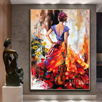 Abstract Girl with Violin Oil Painting Original Elegant Lady in Red Artwork Violinist Painting