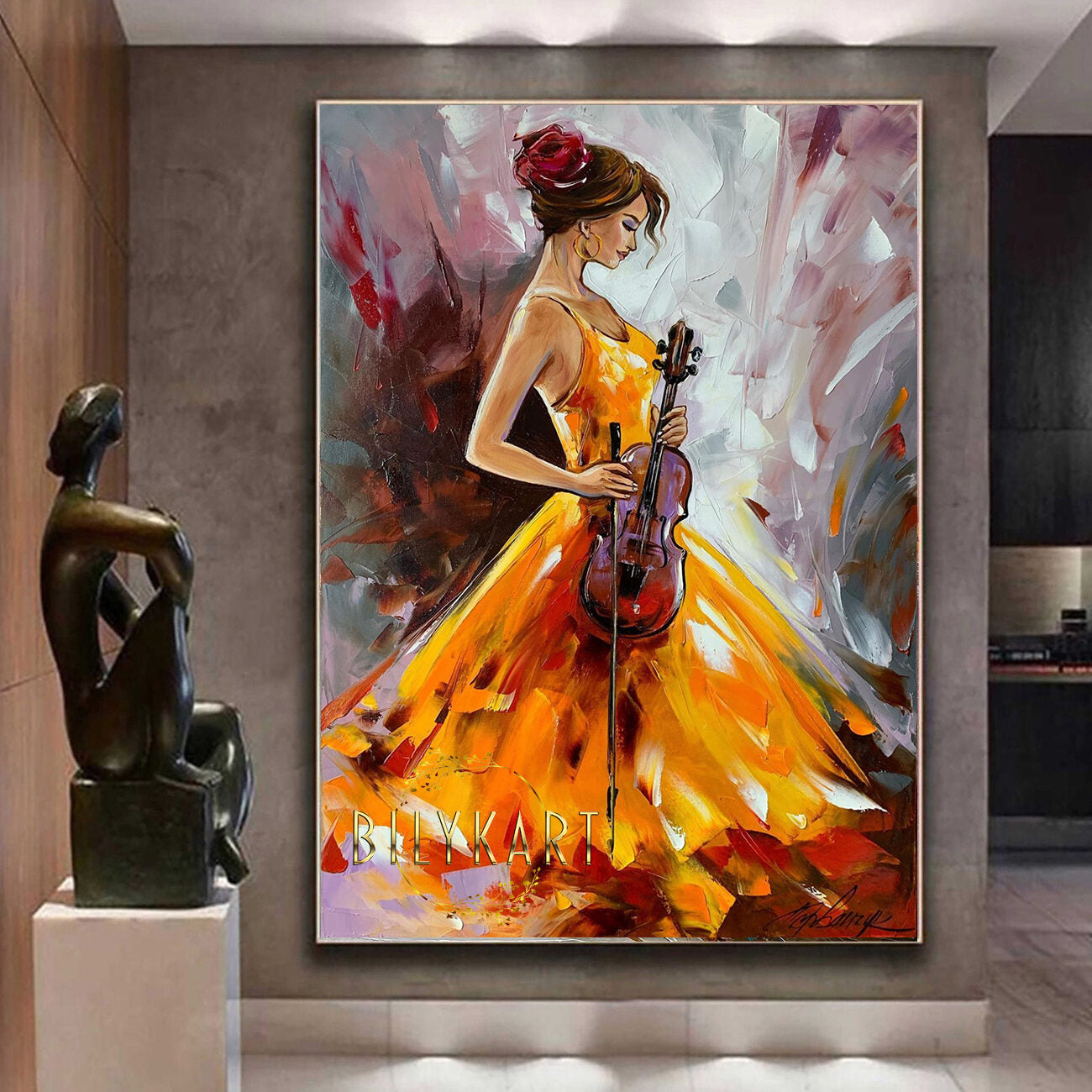 Large Violin Woman Oil Painting On Canvas Abstract Blue Musician Wall Art Oversized Woman In Yellow Dress Painting Violin Artwork