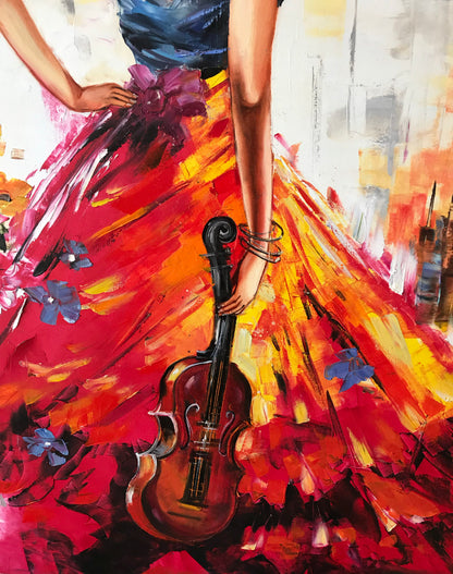 Abstract Girl with Violin Oil Painting Original Elegant Lady in Red Artwork Violinist Painting