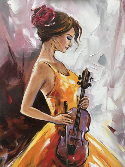 Large Painting Lady in Yellow Dress Painting On Canvas Violinist Wall Art Framed Oil Paintings Abstract Woman Painting Violin Art