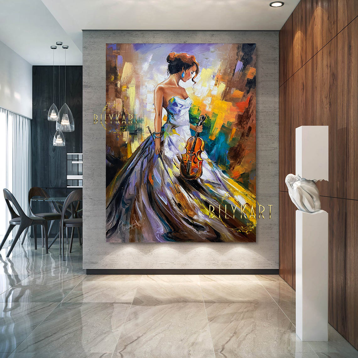 Lady with Violin Oil Painting Original Large Abstract Woman in White Dress Painting on Canvas