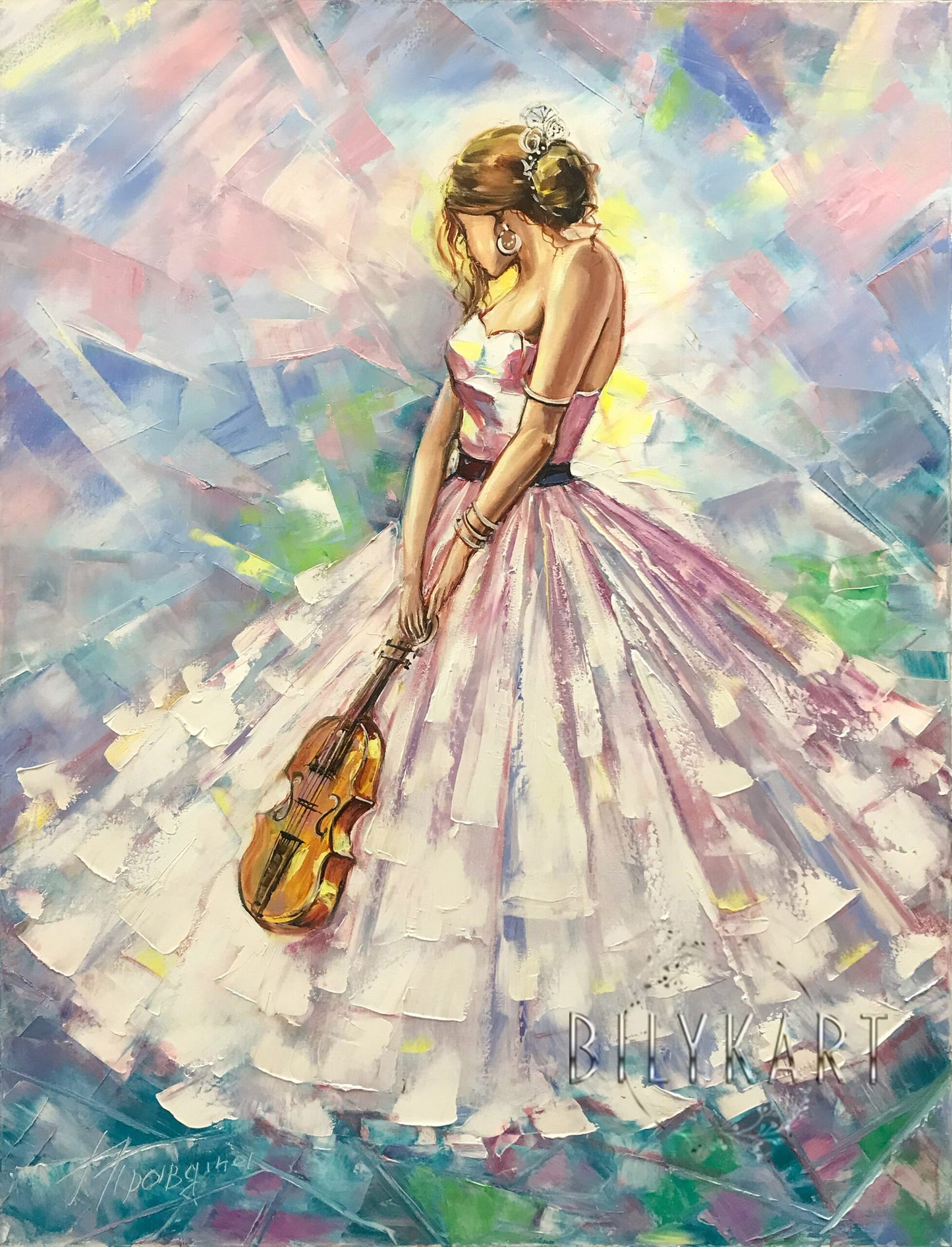 Modern Woman in White Dress Oil Painting Original Abstract Music Framed Art Lady Violin Painting on Canvas